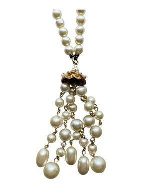 Vintage Faux Pearl Tassel Pendant Necklace Gold-Tone Flower Cap Multi-Drop
